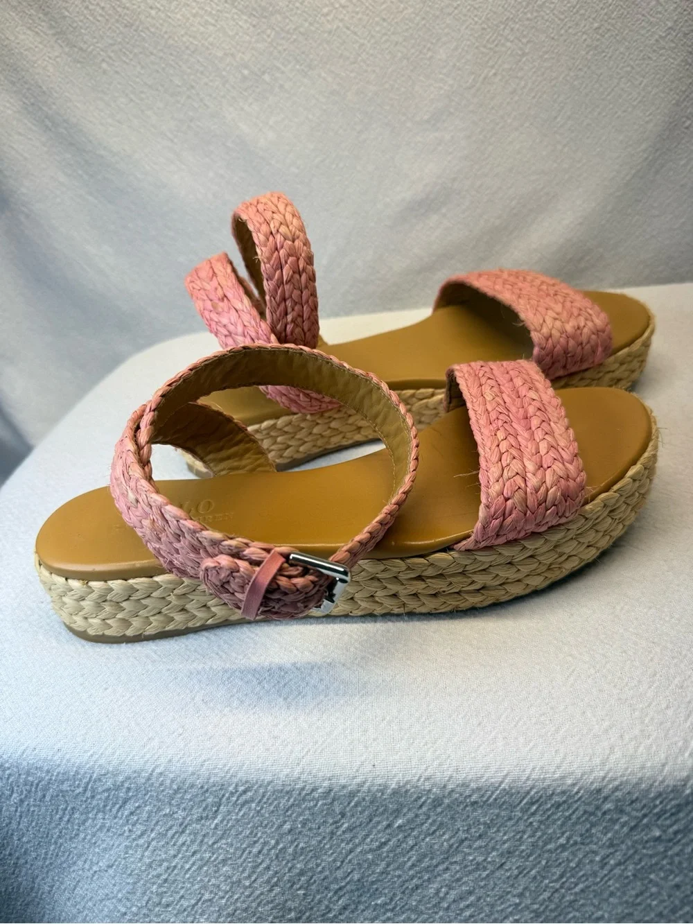 Old Money Vibe Polo Ralph Lauren braided pink raffia flatform espadrille sandals